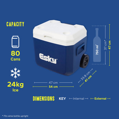 Esky 52L Wheeled Hard Cooler - Plastic - Insulated - Easy Transport