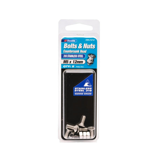 Zenith M5 x 12mm Stainless Steel Countersunk Head Bolt and Nut 5 Pack - Auzzistore