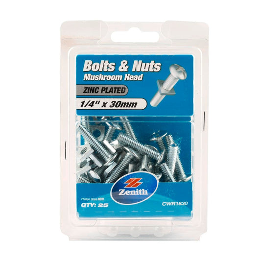 Zenith Mushroom Head Bolt - 1/4"x30mm - 25 Pack - Zinc Plated - Internal Use - Auzzistore