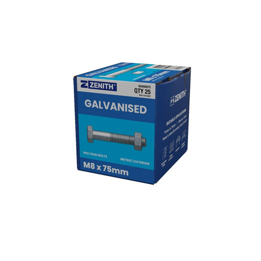 Zenith Hot Dip Galvanised Hex Head Bolts and Nuts M8 x 75mm 25 Pack - Auzzistore
