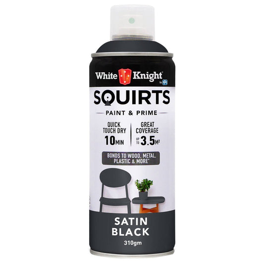 White Knight Squirts Black Satin Spray Paint 310g Solvent Based Durable