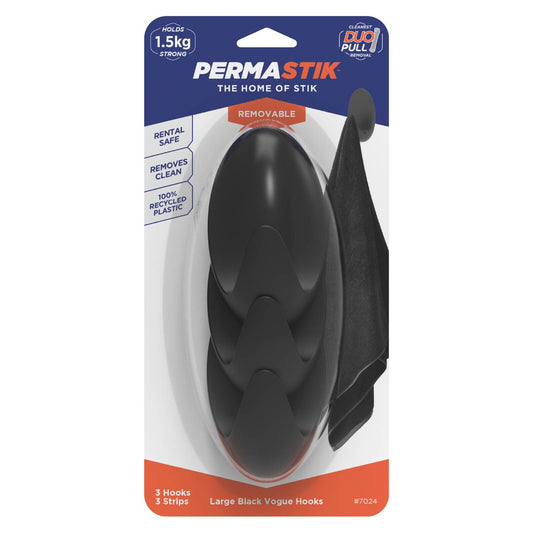 Permastik Large Black Vogue Hooks 3 Pack - 60mm x 100mm - Holds 1.5kg