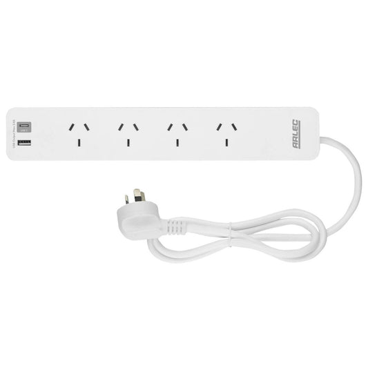 Arlec 4 Outlet Powerboard with USB Chargers - 290mm - White - Overload Protection