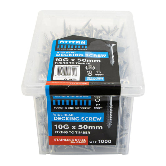 Titan 10g x 50mm Wide Head Decking Screw 304 Stainless Steel Pack of 1000 - Durable - Flush Finish - Auzzistore