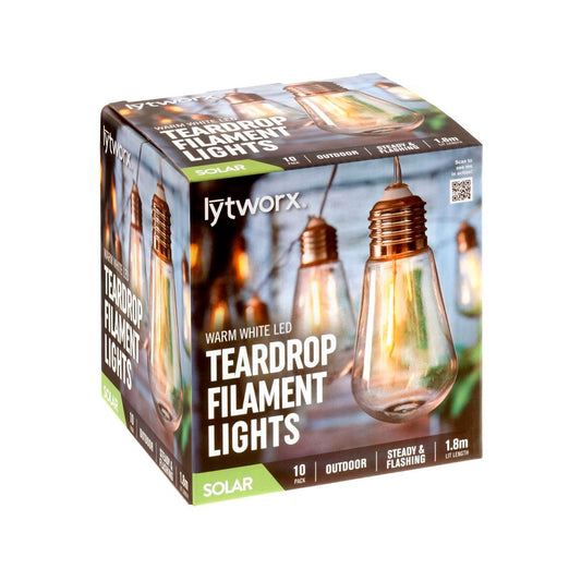 Lytworx Warm White Solar Teardrop Filament Lights 10 Pack - 1.8m Length - Indoor/Outdoor Use - Auzzistore
