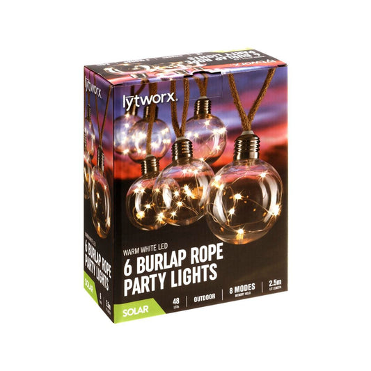 Lytworx Warm White Solar Burlap Rope Lights 6 Pack - 2.5m - 48 LEDs - Energy Efficient - Auzzistore