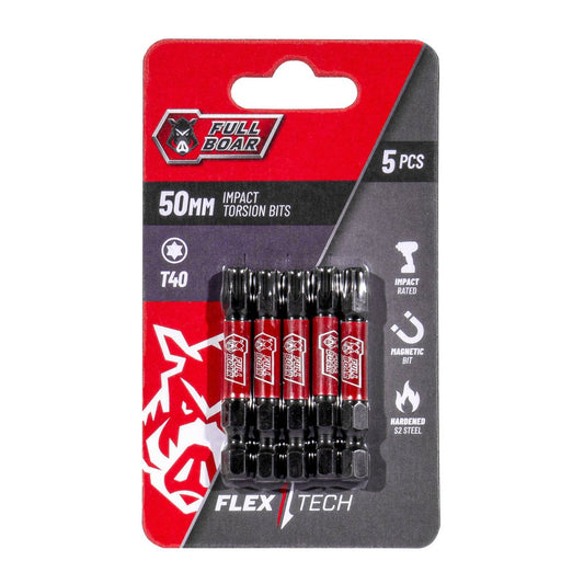 Full Boar Impact Torsion Bits Set - T40 x 50mm - 5 Pack - Durable S2 Steel - Auzzistore