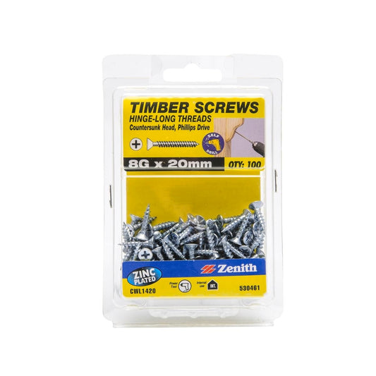 Zenith Hinge Long Thread Screw - 8g x 20mm - Zinc Plated - 100 Pack - Auzzistore