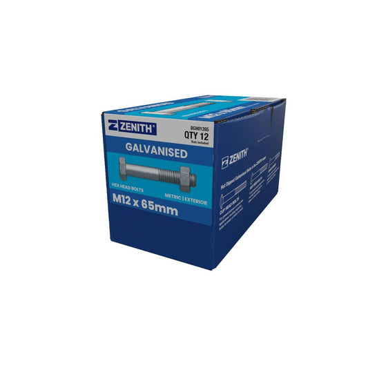Zenith Hex Head Bolt - M12 x 65mm - Hot Dipped Galvanised - 12 Pack - Auzzistore