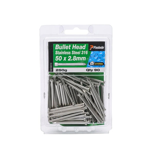 Paslode Bullet Head Nails - 50mm x 2.8mm - Stainless Steel - Corrosion Resistant - 90 Pack - Auzzistore