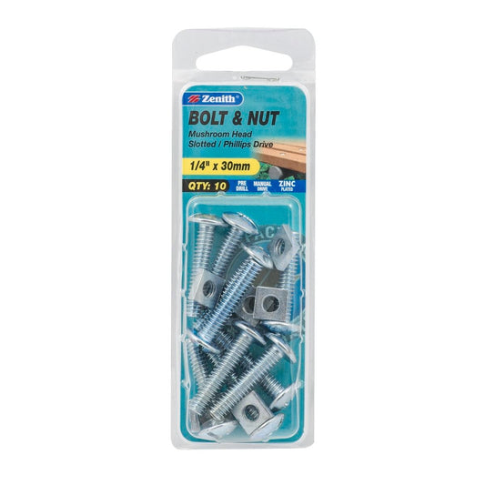 Zenith Mushroom Head Bolt & Nut - 1/4 x 30mm - Zinc Plated - 10 Pack - Auzzistore
