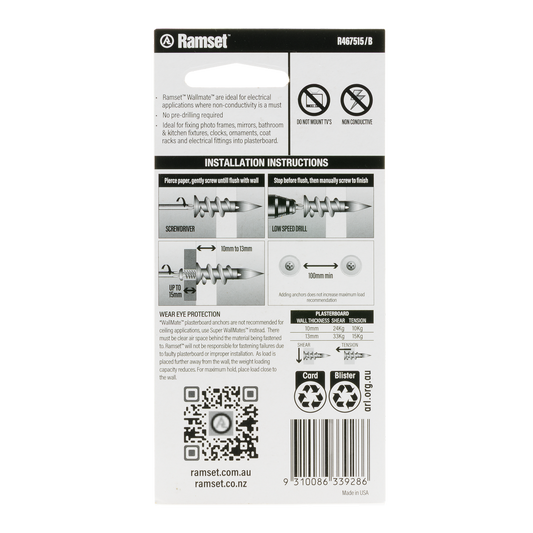 Ramset Nylon Wallmate Plasterboard Anchor with Screws 10 Pack - 43mm x 73mm - Quick Installation – view 2 - Auzzistore