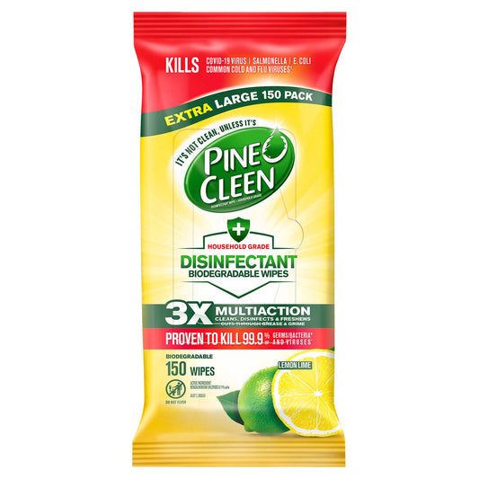 Pine O Cleen Lemon Lime Disinfectant Wipes 150 Pack - Biodegradable - 130mm x 265mm - Kills 99.9% Germs - Auzzistore