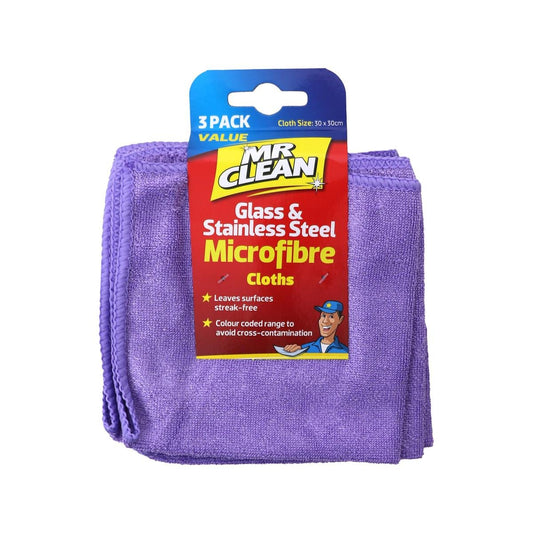 Mr Clean Glass Stainless Steel Microfibre Cloth 3 Pack - 30 x 30 cm - Streak-Free Cleaning