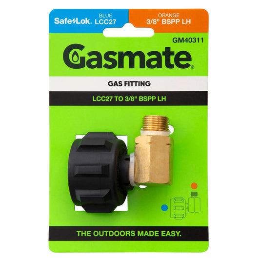 Gasmate Adaptor 3/8" BSPP-LH to LCC27 - 90-Degree Bend - Brass/Nylon - Auzzistore