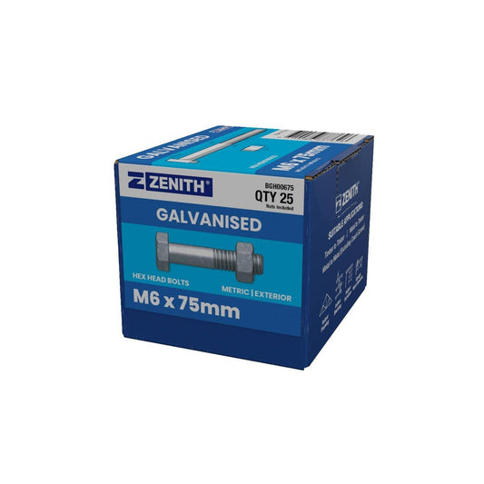 Zenith Hot Dip Galvanised Hex Head Bolts M6 x 75mm 25 Pack Durable - Auzzistore