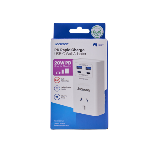 Jackson 1 Outlet Adaptor - USB 2A 2C PD20W - 85mm x 165mm x 67mm - White