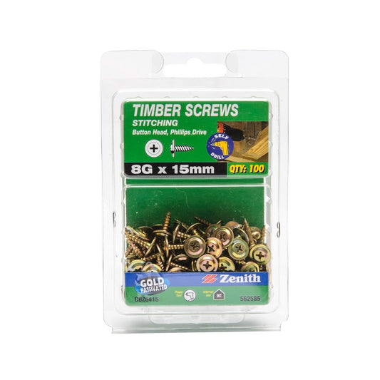 Zenith 8g x 15mm Gold Passivated Button Head Timber Screws - 100 Pack - Auzzistore