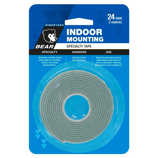 Bear Indoor Mounting Tape - 24mm x 2m - White Foam - Durable Adhesive
