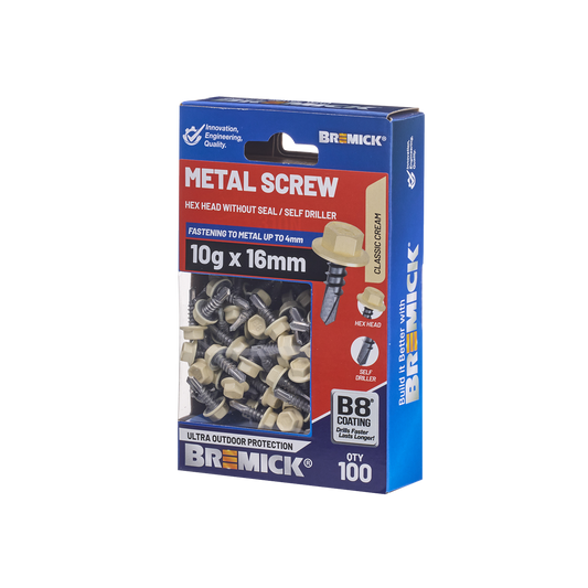 Bremick Metal Hex Screw 10g x 16mm B8 Coating - Box of 100 - Self-Drilling - Auzzistore