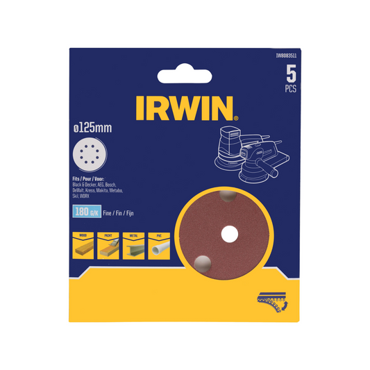 Irwin 125mm Quick Fit Random Orbital Sanding Discs 180 Grit 5 Pack - Brown - Efficient Smoothing - Auzzistore