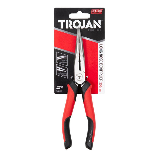 Trojan 200mm Long Nose Bent Plier - Red and Black - Ergonomic Handles - Auzzistore