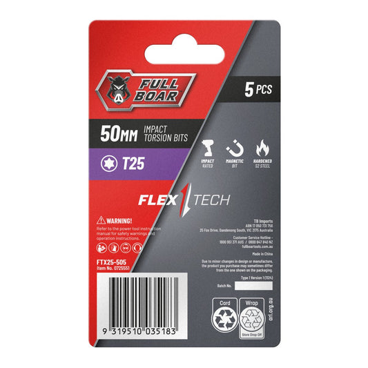 Full Boar Impact Torsion Bits Set - T25 x 50mm - 5 Pack - Durable & Precise – view 2 - Auzzistore