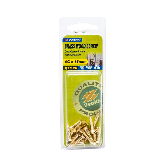 Zenith 6G x 18mm Solid Brass Countersunk Head Wood Screws – 20 Pack - Auzzistore
