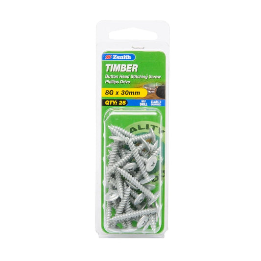 Zenith Timber Screws 8g x 30mm Galvanised Button Head 25 Pack - Auzzistore
