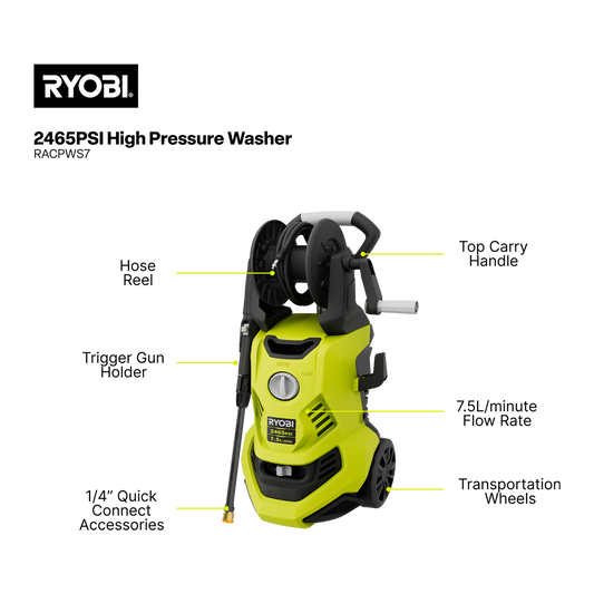 Ryobi 2465 PSI High Pressure Washer - 7L/min - 600ml Foam Bottle - 15° Nozzle – view 2 - Auzzistore