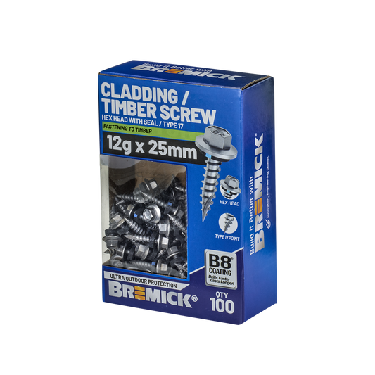 Bremick Hex Cladding Screw 12g x 25mm - 100 Pack - Corrosion Resistant - Auzzistore