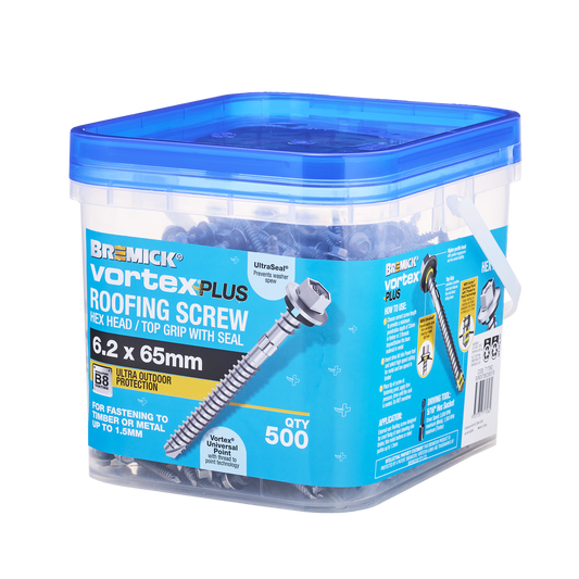 Bremick Vortex Plus Roofing Screw 6.2 x 65mm Hex B8 - Box of 500 - Vortex Point - Watertight Seal - Auzzistore