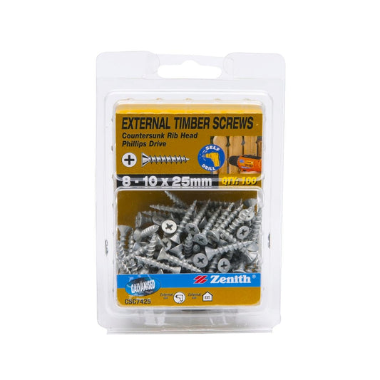 Zenith Timber Screws - 10 x 25mm - Galvanised - Countersunk Ribbed - 100 Pack - Auzzistore