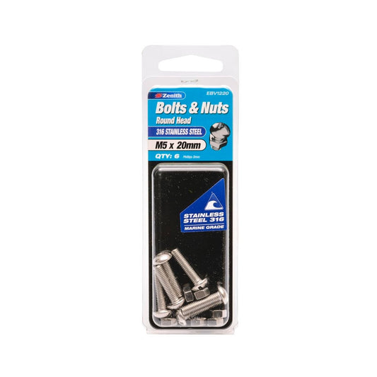 Zenith M5 x 20mm 316 Stainless Steel Round Head Bolt and Nut 6 Pack - Auzzistore