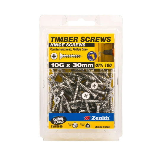 Zenith Timber Screw - 10G x 30mm - Chrome Plated - Countersunk Head - 100 Pack - Auzzistore