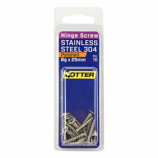 Otter 8 x 25mm Polished Stainless Steel 304 Hinge Screws - 16 Pack - Auzzistore