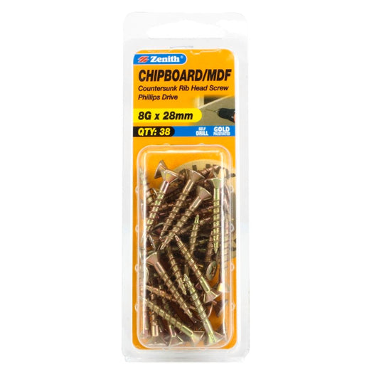 Zenith 8g x 28mm Gold Passivated Chipboard Screws - 38 Pack - Countersunk - Auzzistore