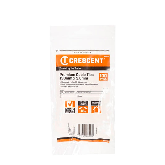 Crescent Natural Cable Ties 150 x 3.6mm Nylon 100 Pack Extra Strength