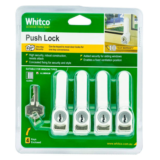 Whitco 4 Pack Sliding Window Push Lock - 13mm x 81mm x 37mm - White - High Security - Auzzistore
