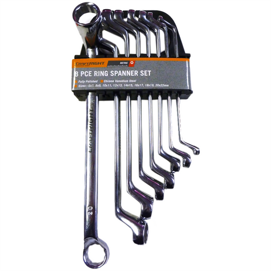Craftright 8 Piece Ring Spanner Set 6x7mm to 20x22mm - Chrome
