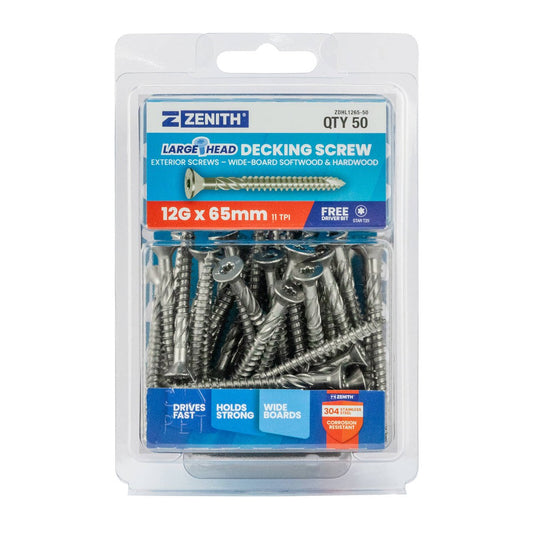 Zenith Large Head Decking Screw T25 12g x 65mm SS304 - 50 Pack - Strength & Stability - Auzzistore