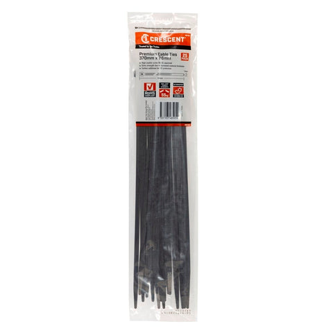 Crescent Cable Ties - 370 x 7.6mm - Black - 25 Pack - Nylon - UV Resistant - Auzzistore