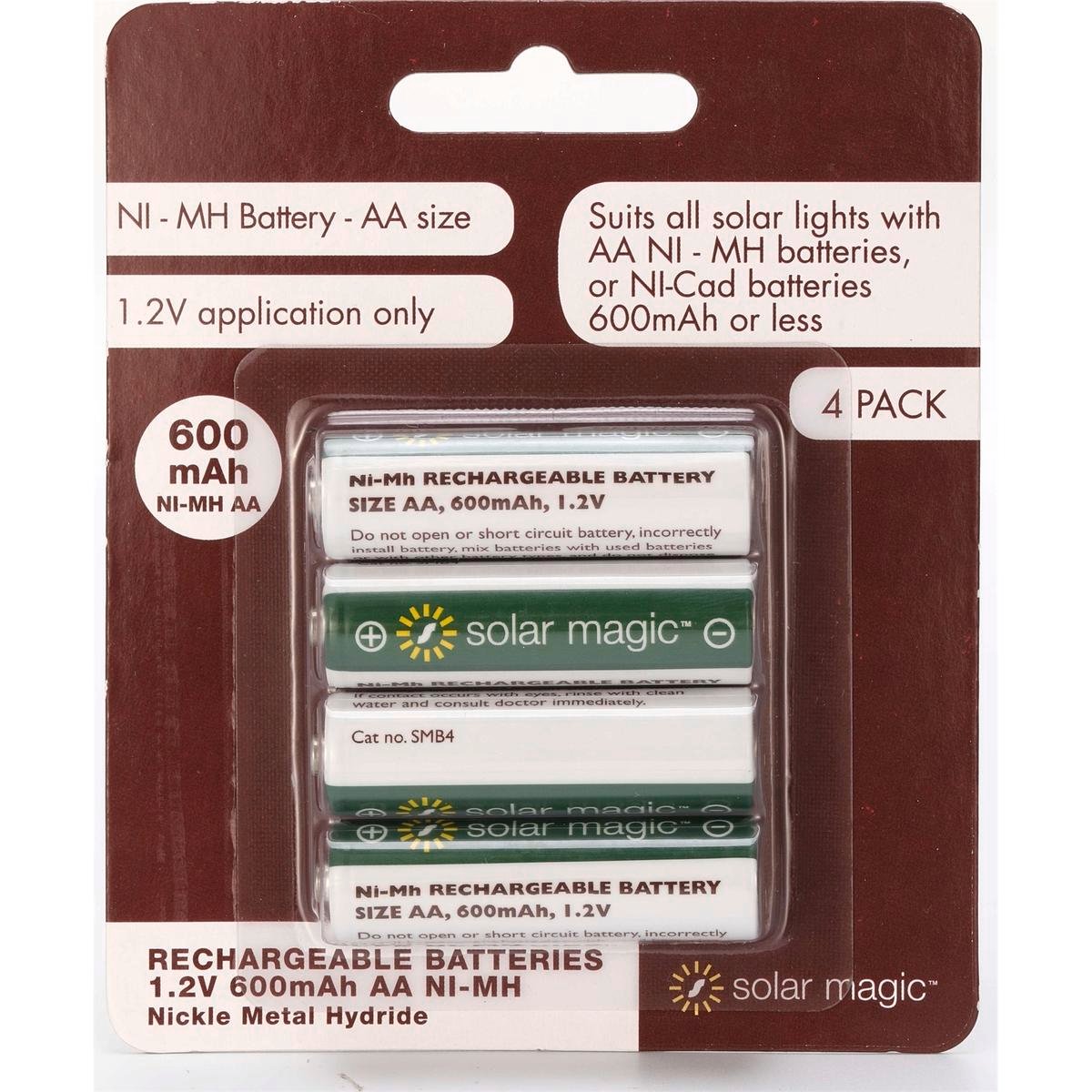 Solar Magic 600mAh NiMH AA Rechargeable Battery 4 Pack Green White