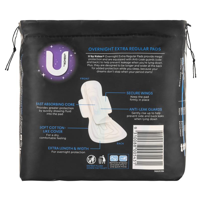 U by Kotex Overnight Extra Pads with 3D Leak Barrier - 10 Pads