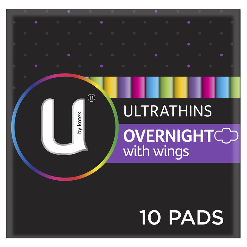 U by Kotex Overnight Ultrathin Regular Pads with Wings, 10 Pads