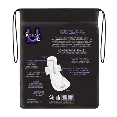 U by Kotex Overnight Extra Pads with 3D Leak Barrier - 10 Pads