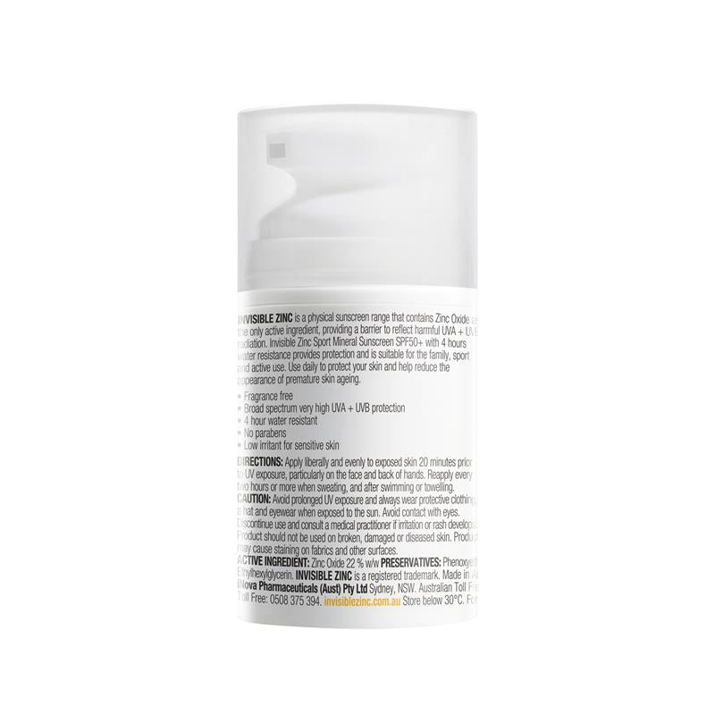Invisible Zinc SPF 50+ Sport Mineral Sunscreen - 50ml-Auzzi Store