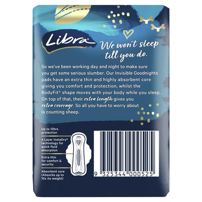 Libra Invisible Goodnight Pads with Wings, 10-Pads 12hr Protection