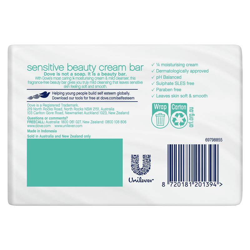 Dove Sensitive Beauty Bar 2x90g, Fragrance-Free & Moisturizing