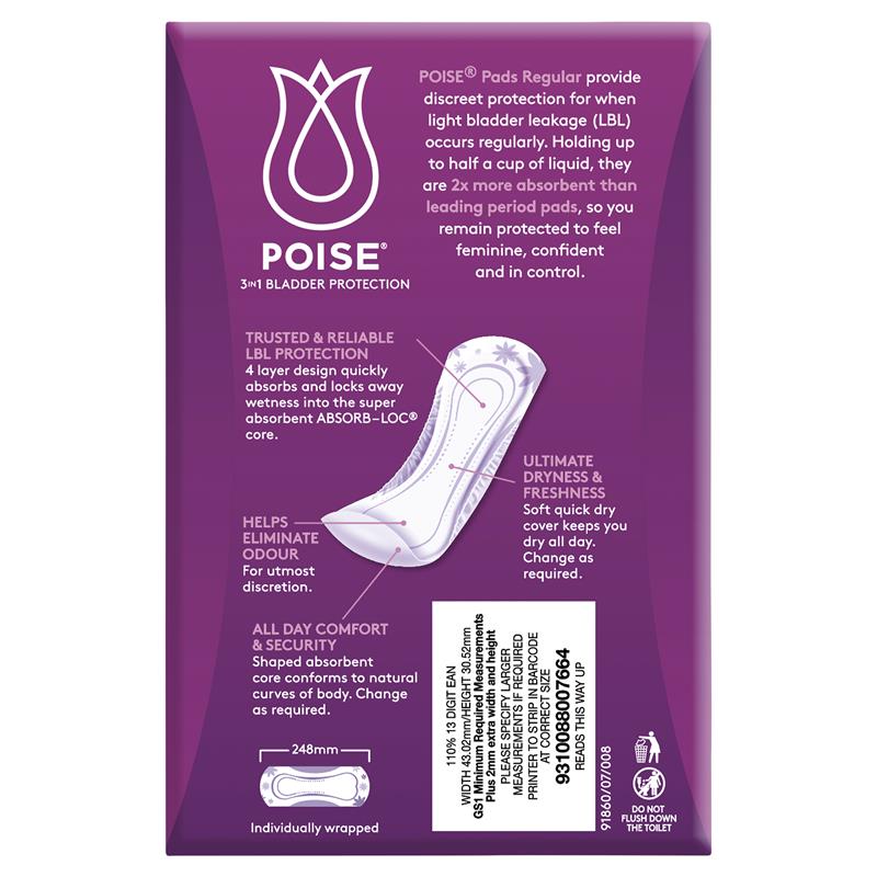 Poise Regular Pads for Bladder Leakage & Menstruation, 16 Pads